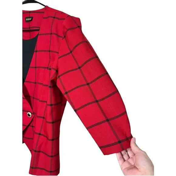 Vintage Reina Red Black Window‎ Pane Plaid Blazer Size L/XL - Picture 4 of 7